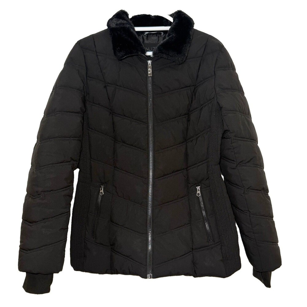 Nautica Women’s L Black Puffer Jacket Faux Fur Collar Stretch Winter